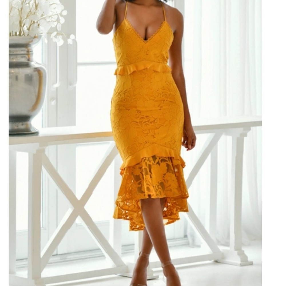 NWT Lady Black Tie Abby Midi Dress Mustard Yellow